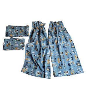 4 Vtg 1960s Hawaiian Barkcloth Curtain/Drapery Panels & Valances Blue Tiki Decor